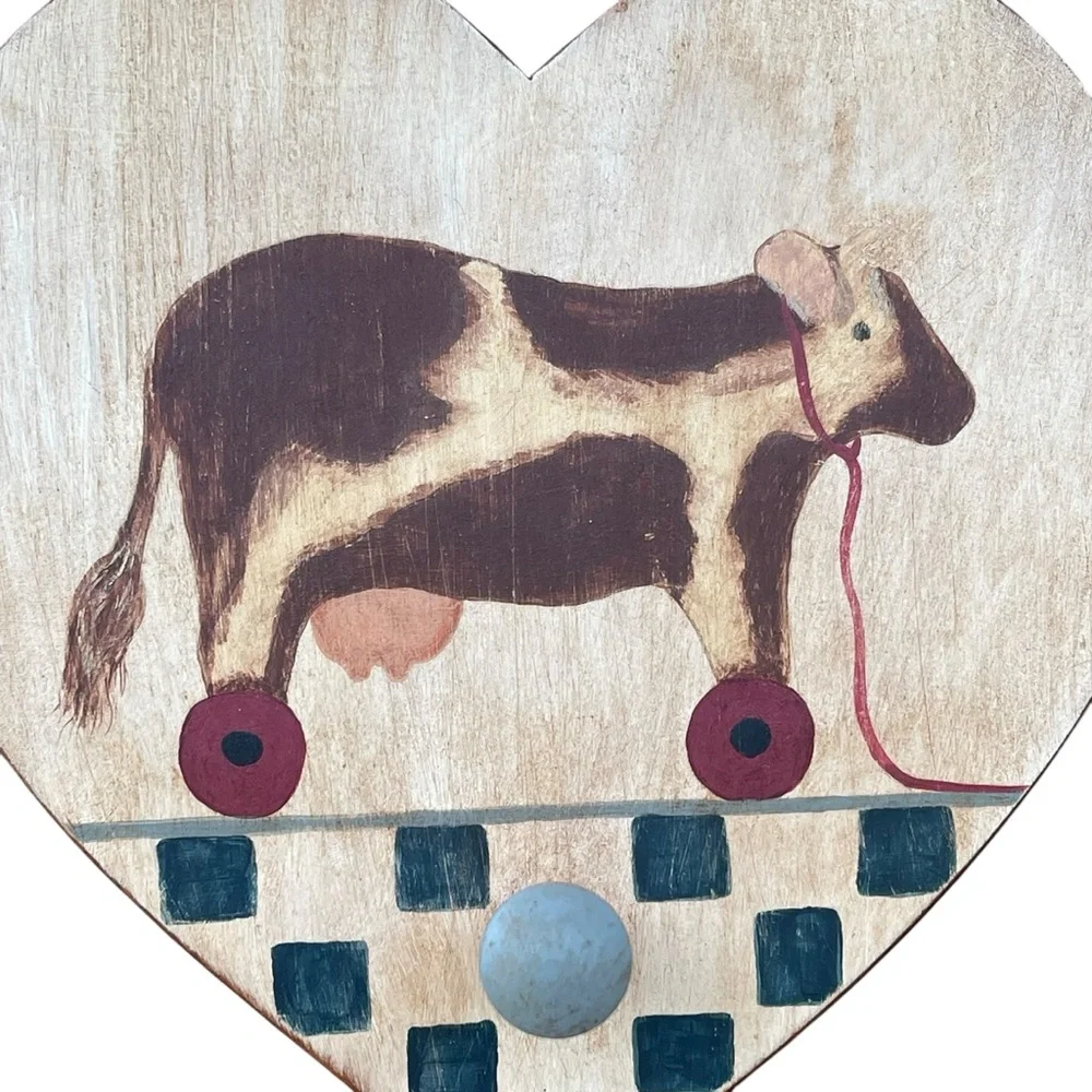 Vintage Heart Hand Painted Cow Wall Hook Hanging Rustic Country Primitive Farm